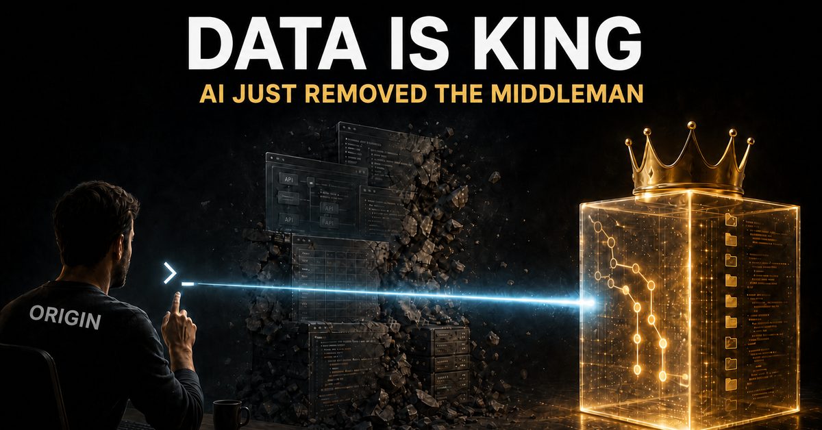 A person prompts AI directly into a crowned data cube, the beam skipping a crumbling wall of APIs and applications