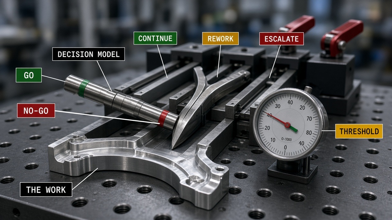 A machined part on a tooling plate beside a two-ended go/no-go plug gauge labeled DECISION MODEL with green GO and red NO-GO ends, a dial indicator labeled THRESHOLD, and a steel diverter routing parts down three channels labeled CONTINUE, REWORK, and ESCALATE