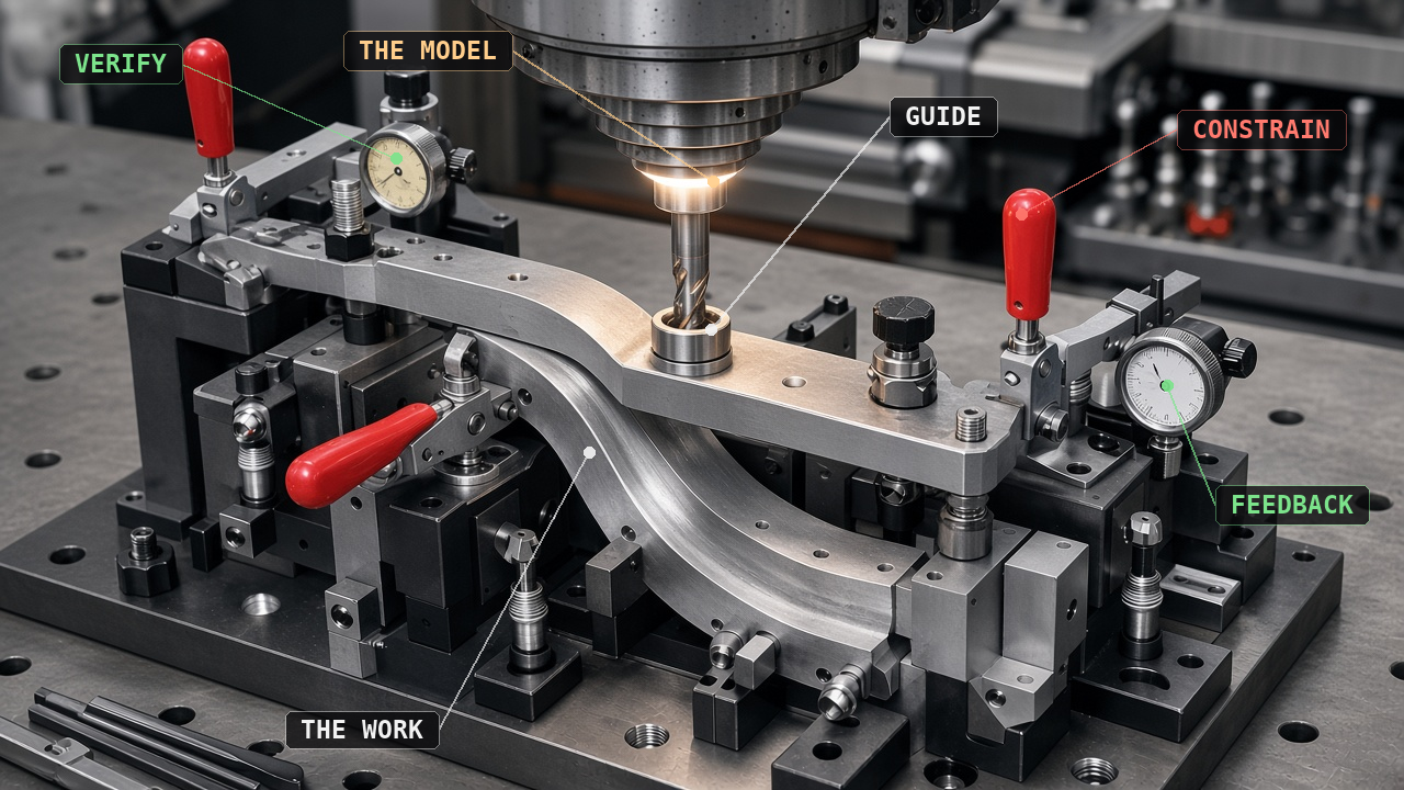 A precision machinist's jig on a workbench, where a glowing cutting tool labeled THE MODEL is held to one path by a hardened bushing labeled GUIDE as it cuts a clamped metal part labeled THE WORK, with a red toggle clamp labeled CONSTRAIN and two dial indicators labeled VERIFY and FEEDBACK