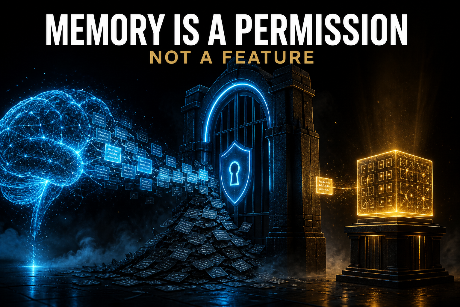 A glowing brain streams remembered notes toward a locked security gate; most pile up rejected against it while a single approved memory passes through and becomes a typed golden object on a pedestal