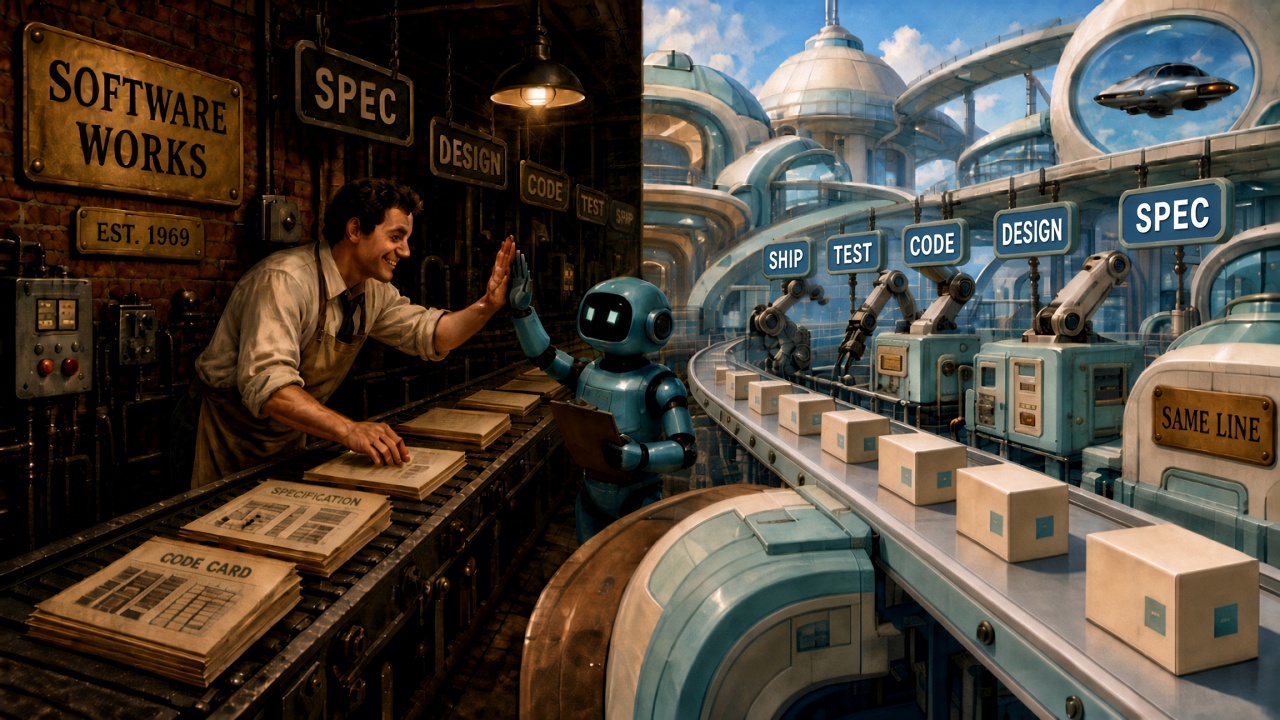 One conveyor running from a 1969 brick software works, where a developer high-fives a robot beside specs and code, into a Jetsons factory where the same line carries identical boxes under signs in order SHIP, TEST, CODE, DESIGN, and SPEC from the robot outward, with a plaque reading SAME LINE