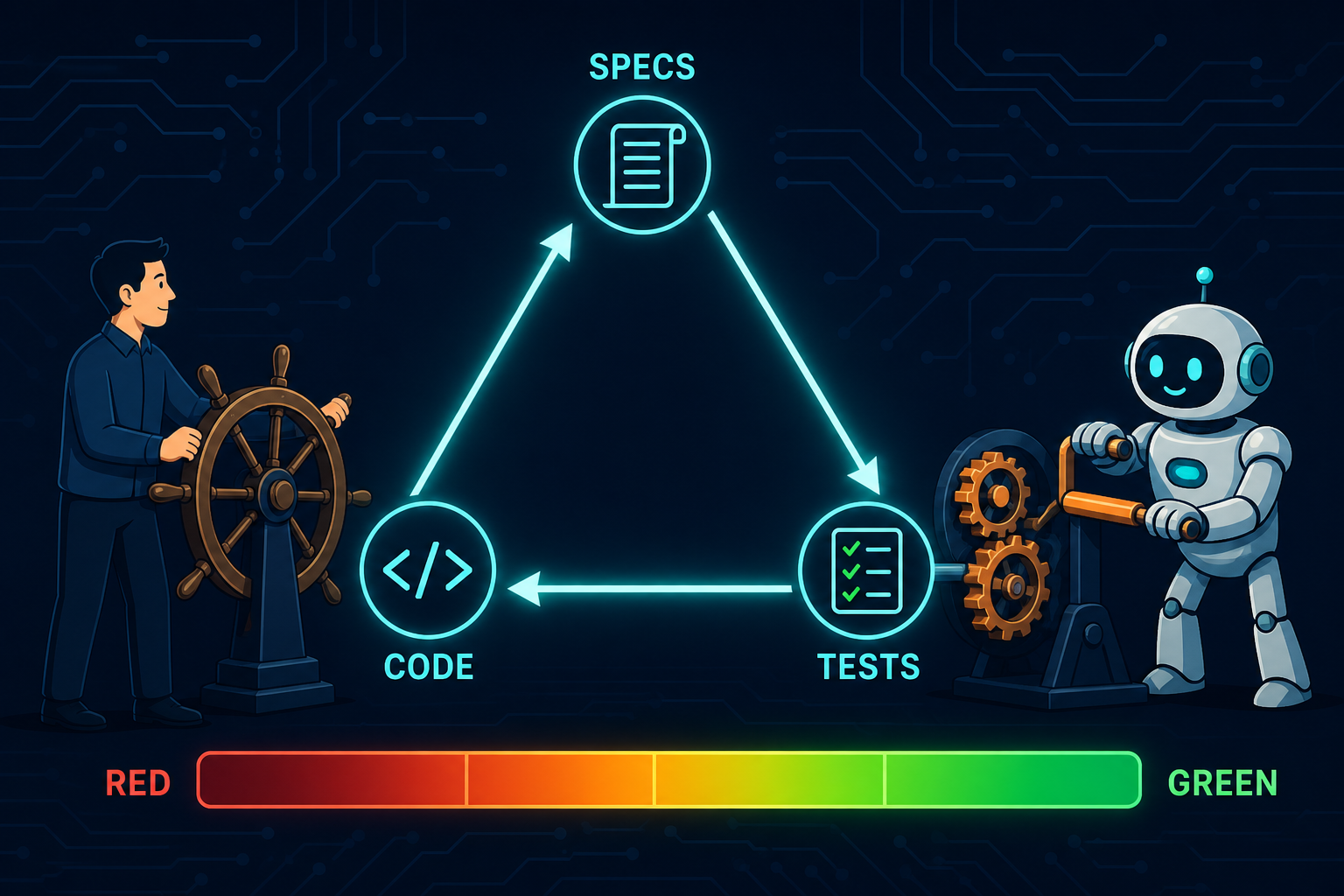 The Specs, Code, Tests triangle kept in sync — an AI agent turns the crank while a human steers, and the test bar goes from red to green