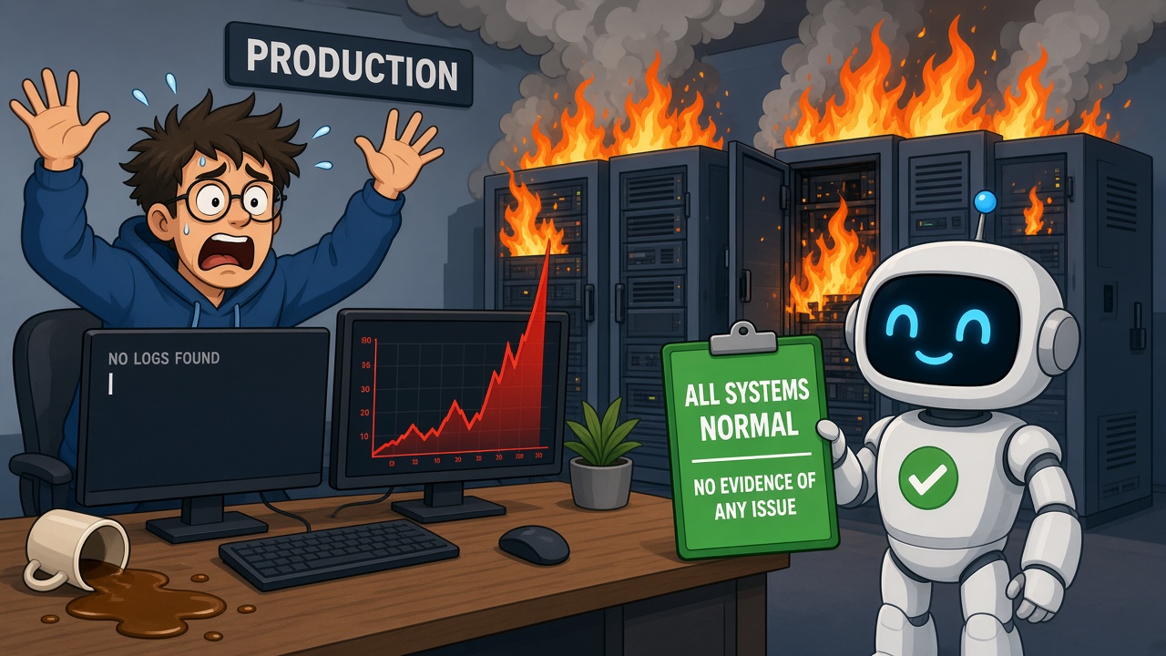 A panicking developer throws both hands in the air beside a spilled coffee mug, one monitor showing an empty terminal that reads NO LOGS FOUND and another showing an error graph spiking off the chart, while server racks burn under a sign reading PRODUCTION and a cheerful robot calmly holds up a green clipboard reading ALL SYSTEMS NORMAL, NO EVIDENCE OF ANY ISSUE